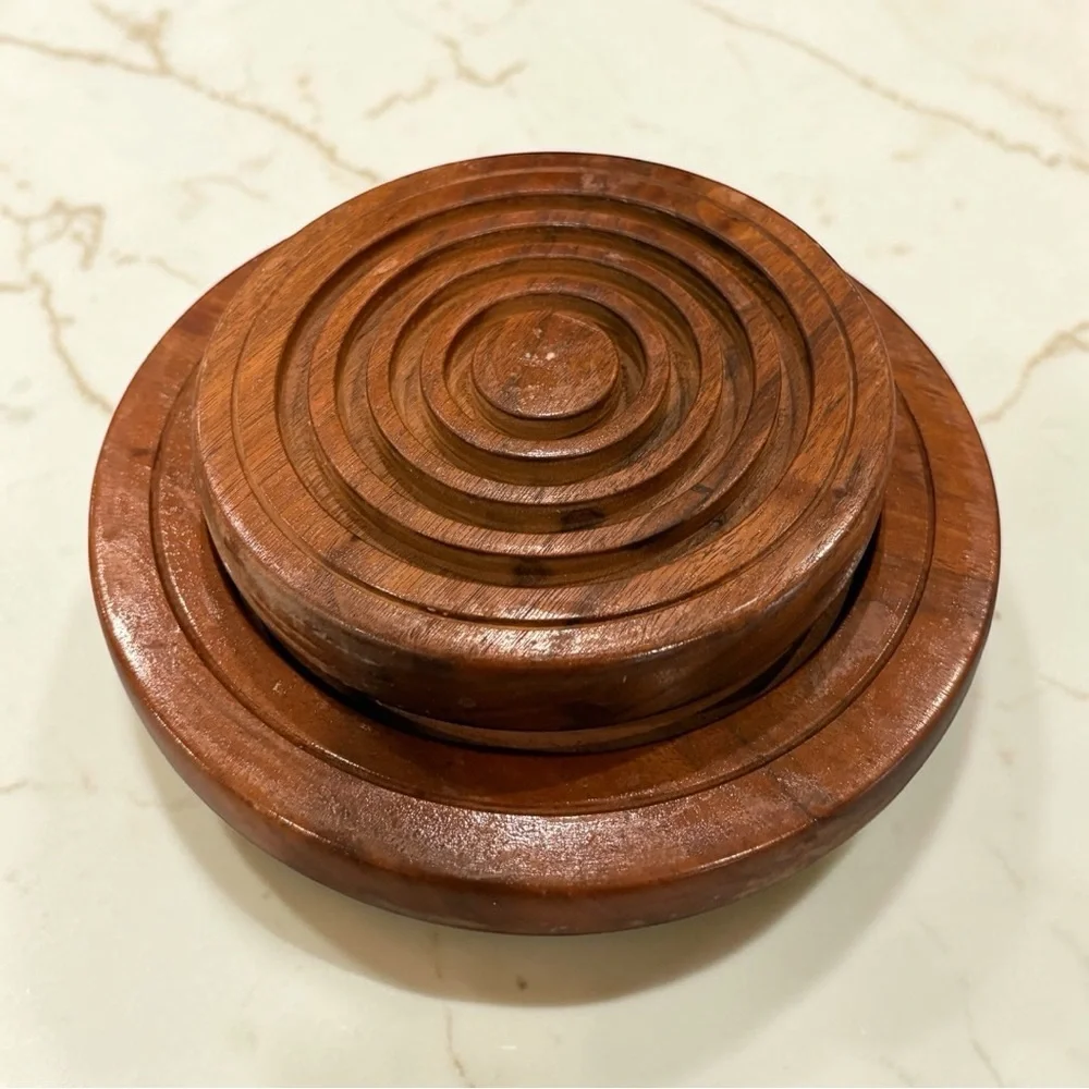 VTG Set Of 2 Hand Crafted Solid Black Walnut Wooden Round Trivets Candle Holder